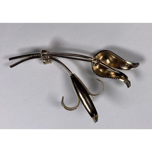 Vintage Ivory Enamel Tulip Lily Flower Gold Tone Stem Faux Pearl Pin Brooch - Picture 8 of 9